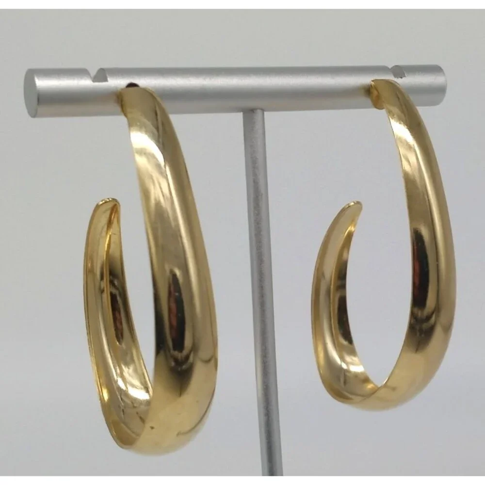 Gold Tone Oval Hoop Earrings Large Polished Unmarked Statement Jewelry Vintage S